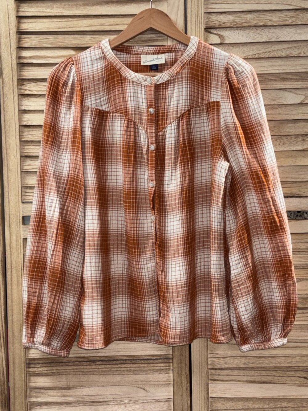 Universal Thread Brown & White Plaid Button Front Gauze Blouse Small